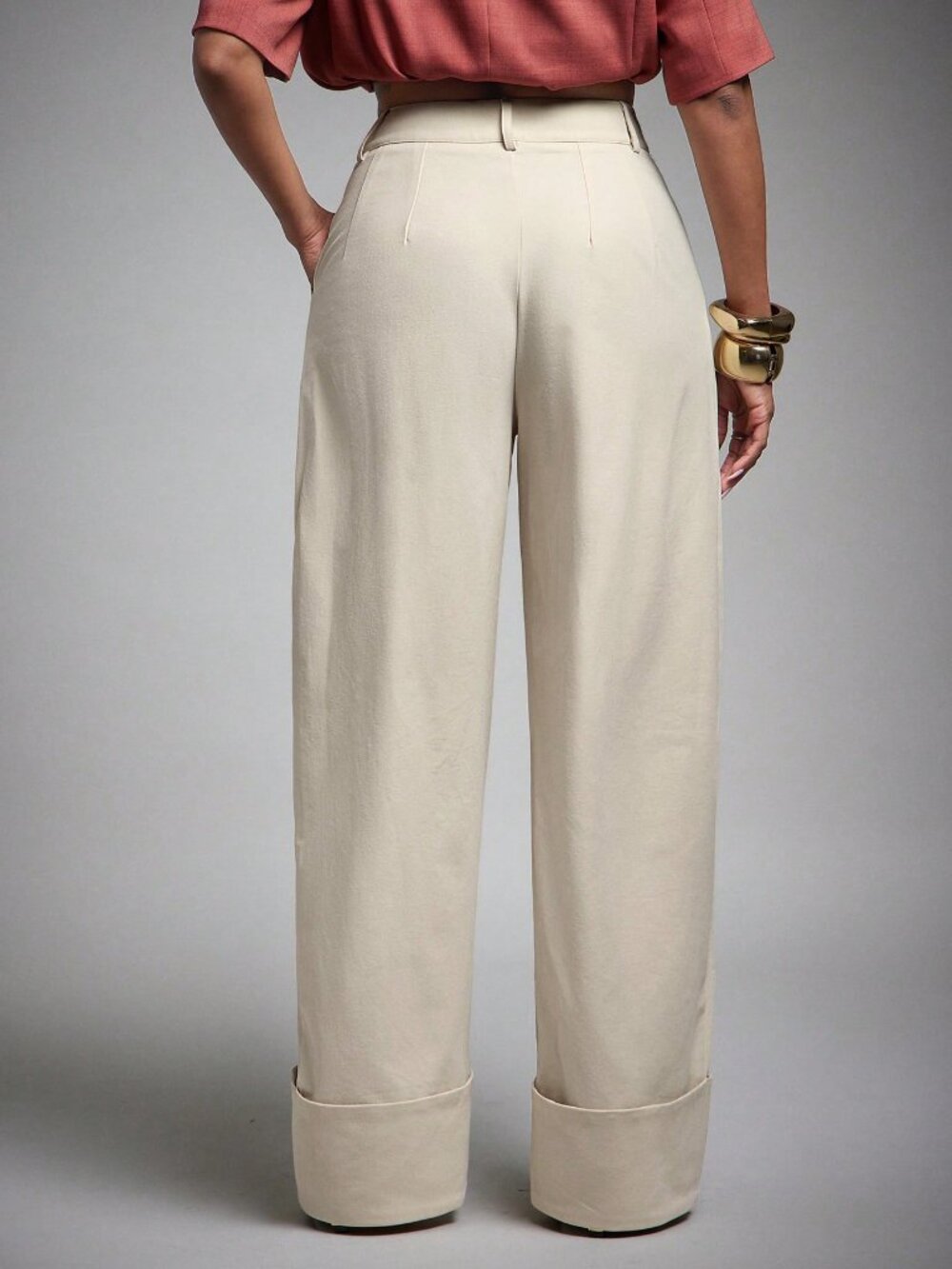 Beige Casual Women's High Waist Fold Over Cuffed Hem Barrel Leg Trousers - Picture 2 of 5